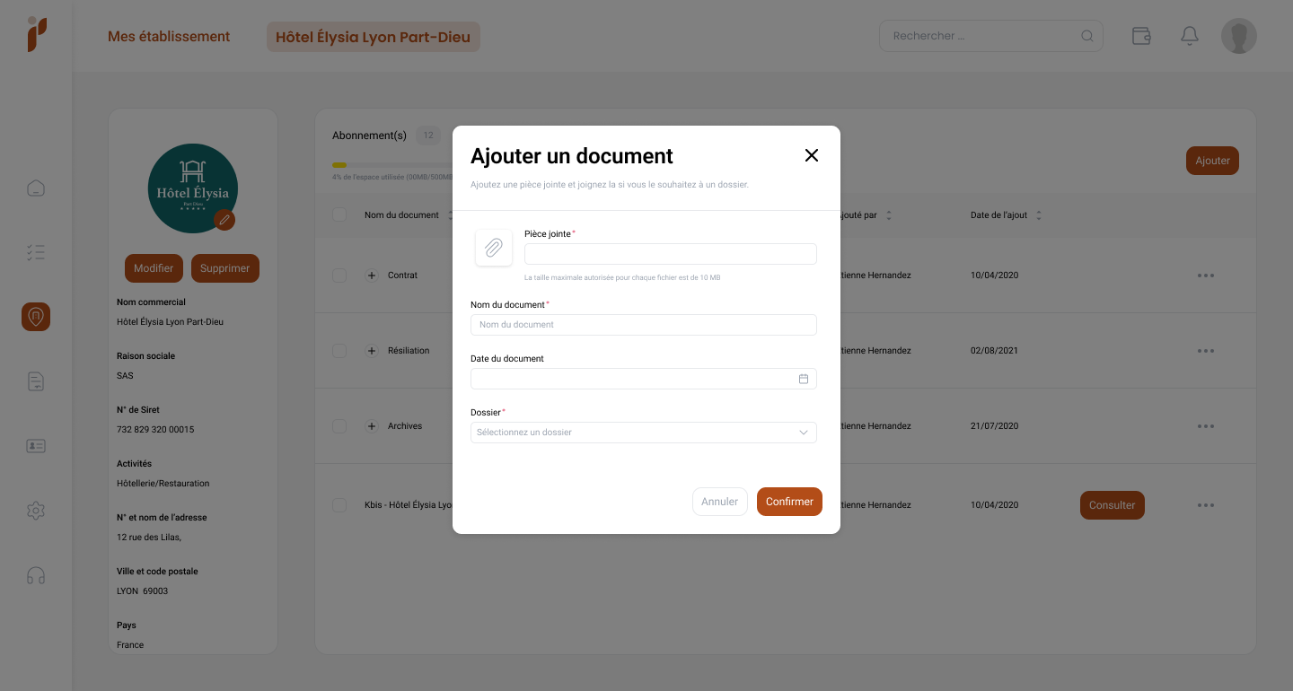Adding a contract document in Pilboard with its type and validity date