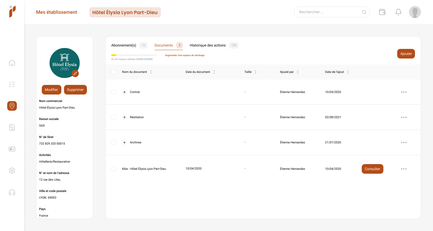 Document folder for a site in Pilboard, with contract records filed