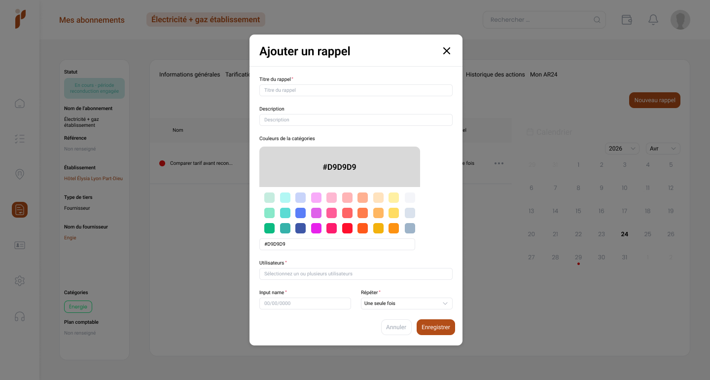 Liste des abonnements et contrats fournisseurs dans Pilboard, avec établissement, statut, tiers et échéance