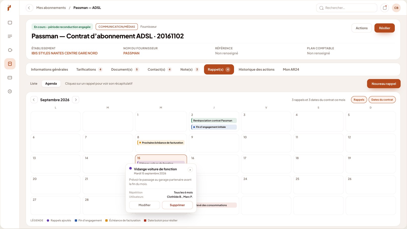 Agenda des rappels d'un contrat Pilboard, avec les dates du contrat
