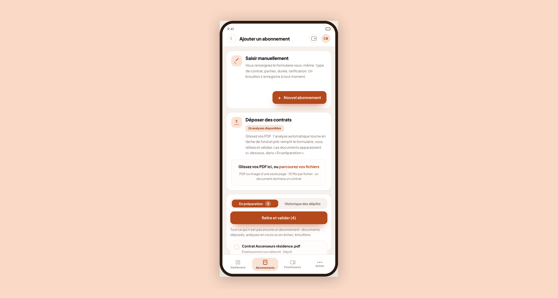 Écran de dépôt des contrats de Pilboard sur téléphone, avec la file des documents en préparation